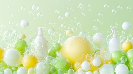 A vibrant stock illustration featuring colorful bubbles and cleaning products amidst a playful arrangement of spheres