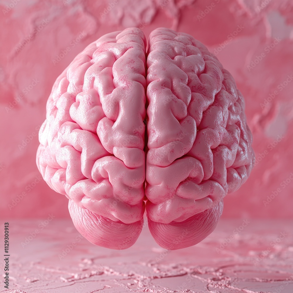 Poster a 3d model of the human brain in pink color on a matching pink background