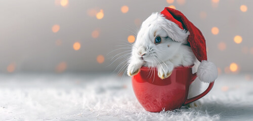 Conejo blanco con gorro de Papá Noel dentro de una taza roja. Conejito blanco sobre fondo claro de luces bokeh. Conejo representando la Navidad con espacio de copia. 