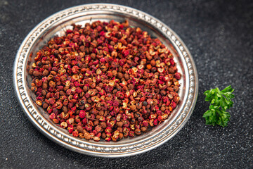 Sichuan pepper spice pepper peas fresh tasty food gourmet food background on the table rustic food top view copy space