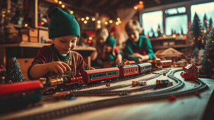 Elves assembling a miniature train set in the Christmas workshop tracks winding across the room.