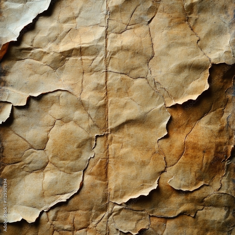 Poster a close-up shot of a peeling piece of paper with torn edges and worn surface