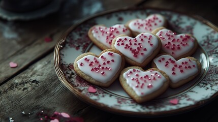 Heart-shaped sugar cookies decorated with pink and white royal icing, red sprinkles, and edible glitter on a vintage porcelain plate