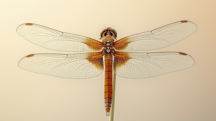 A detailed close-up of a dragonfly perched on a reed against a soft gradient background