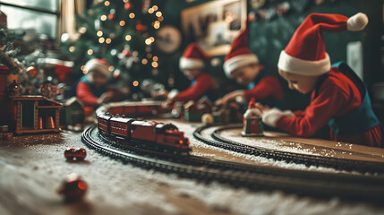 Elves assembling a miniature train set in the Christmas workshop tracks winding across the room.