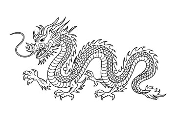 Traditional Chinese Dragon Line Art - Intricate Black and White Illustration