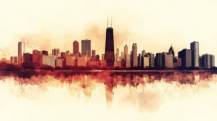 Naklejka premium Minimalist chicago skyline in grunge style with reflection. Horizon. Illustration