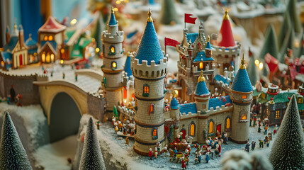 Elves constructing a giant toy castle with towers drawbridges and flags in the Christmas workshop.