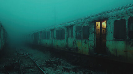 Fototapeta premium A train graveyard where old trains are left to die, epic lighting, pensive loneliness, dimly lit, blinking electric lights, cinematic.