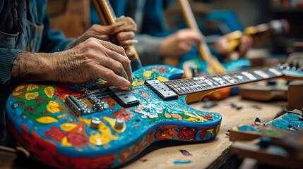 Elves crafting custom toy guitars painting them with bright colors and adding intricate designs in the workshop.