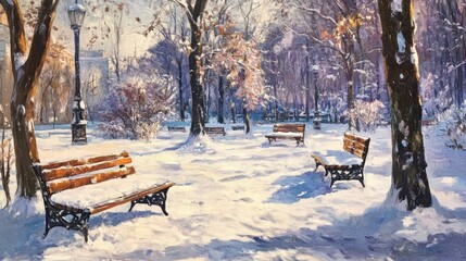 A painting of a park with benches and trees covered in snow. The benches are empty, and the trees are bare. The painting captures the peacefulness of a snowy day in a park