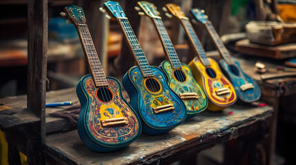 Elves crafting custom toy guitars painting them with bright colors and adding intricate designs in the workshop.