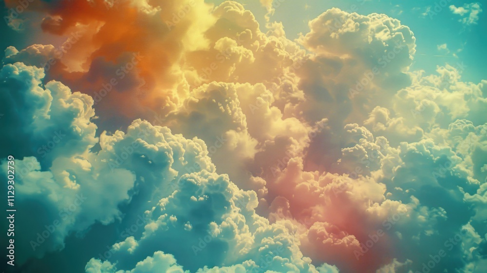 Poster aerial view of a plane soaring above a blanket of clouds, with the sun shining down from above