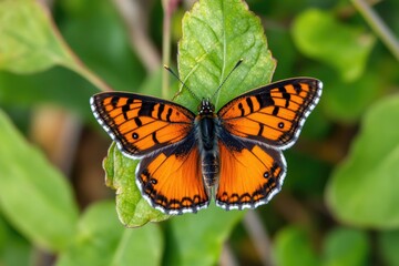 A close-up shot of a butterfly perched on a leaf, with intricate details and natural surroundings
