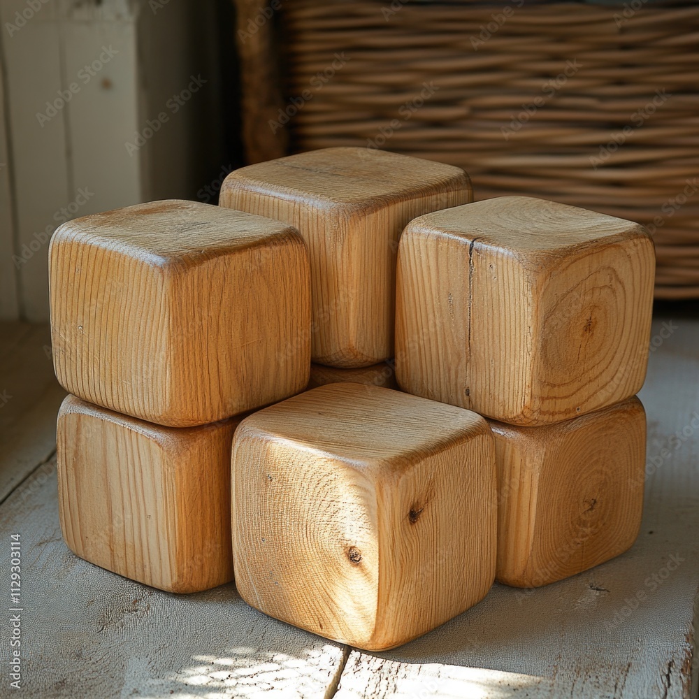 Poster a stack of wooden building blocks sitting on a table, great for illustrating creativity and construc