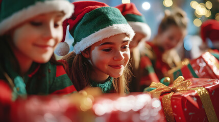 Elves filling Santas gift sack with beautifully wrapped presents tying the final bows before the big night.