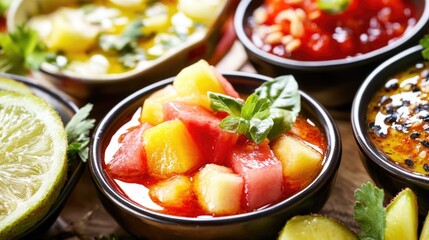A table topped with various types of food bowls, ideal for editorial or commercial use