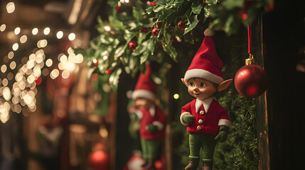 Elves hanging mistletoe above the entrance to the Christmas workshop adding a romantic touch to the festive setting.