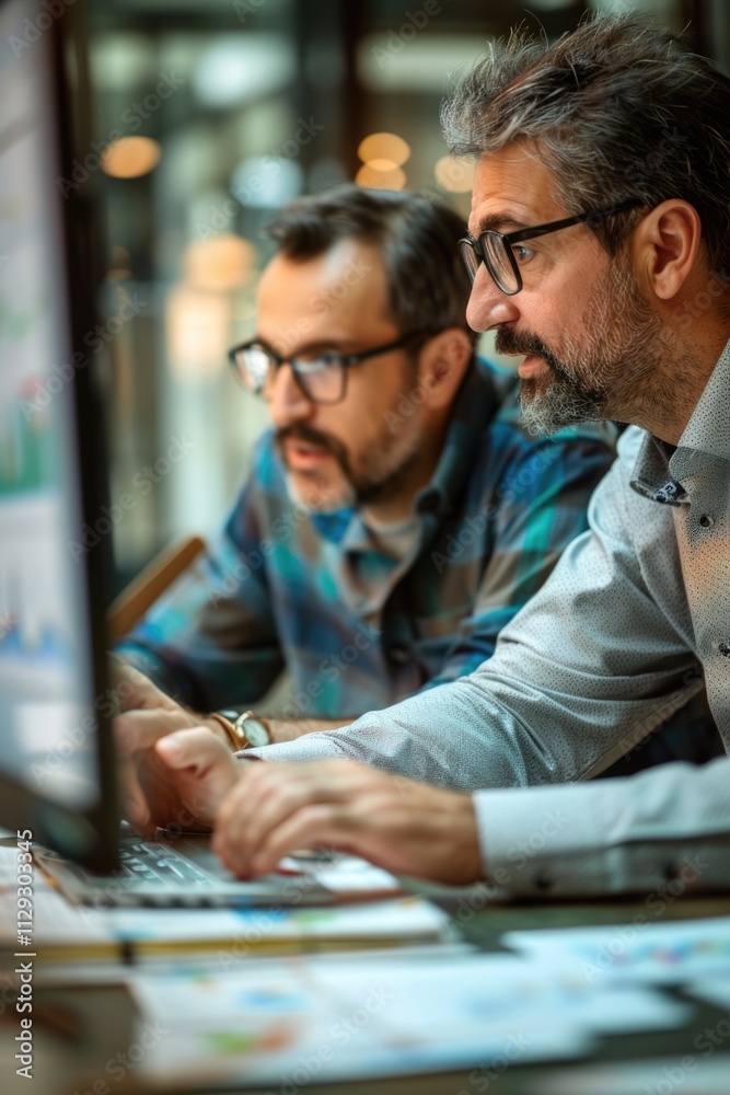 Aufkleber Two men sitting at a table reviewing data on a computer screen