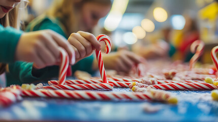 Elves making candy canes in the workshop twisting the red and white stripes with precision and fun.