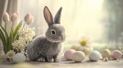 Obraz premium Gray Easter bunny with soft, silky fur on a light, textured wooden surface, surrounded by pastel colored Easter decorations. Hand-painted eggs, delicate spring flowers. Concept. Text place, postcard