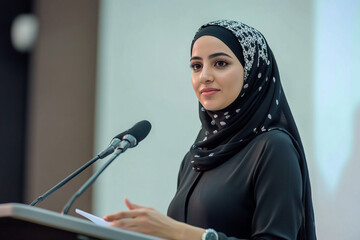 Arabian Businesswoman standing at podium with microphone giving a speech. Successful eastern female in headscarf holds seminar or meeting with coworkers. Photo 