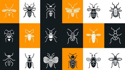 A collection of animated insect icons in black, white, and orange squares, featuring various insect designs with a glowing effect