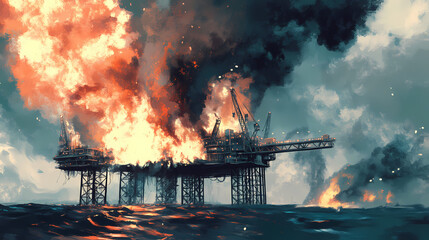 Oil platform blowouts releasing massive spills. Horizon. Illustration