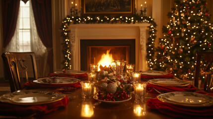 A dining table set with festive dishes and candles sits near a large fireplace glowing with warmth.