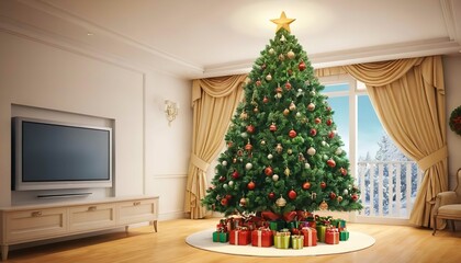 Christmas Tree With Baubles And Blurred Shiny Lights