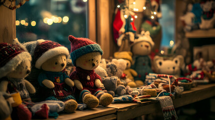 Elves sewing stuffed animals by hand in a cozy corner of the Christmas workshop piles of fabric and thread nearby.