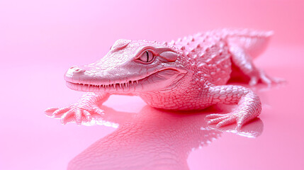 Pink alligator crawling on pink background