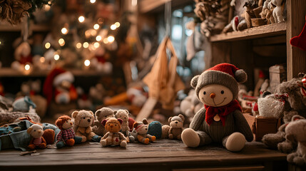 Elves sewing stuffed animals by hand in a cozy corner of the Christmas workshop piles of fabric and thread nearby.
