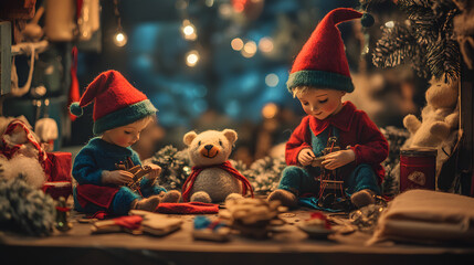 Elves sewing stuffed animals by hand in a cozy corner of the Christmas workshop piles of fabric and thread nearby.