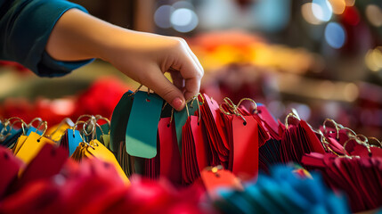 Elves sorting colorful gift tags in the Christmas workshop matching each one to the perfect present.
