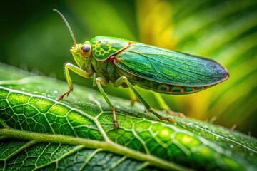 Obraz premium A vibrant green insect clings to a detailed leaf, showcasing nature's intricate beauty in a close-up macro shot.