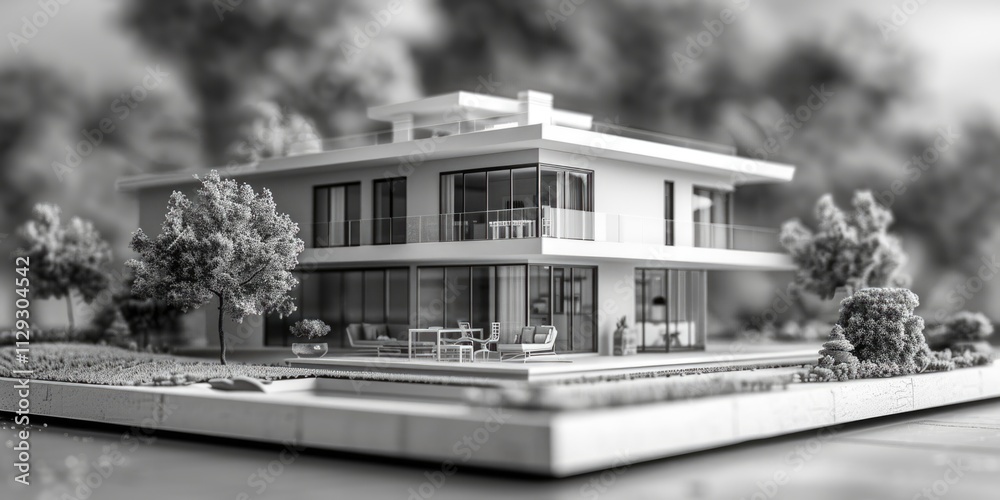 Poster A small scale model of a house on a tabletop display