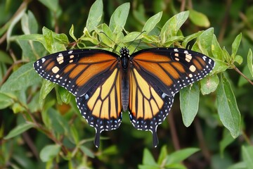 Obraz premium A butterfly perched on a leaf-covered tree, providing a striking contrast between nature's beauty and the decaying foliage