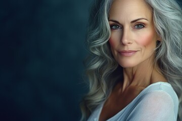 Naklejka premium A beautiful mature woman in her 50s, set against a white background, highlighting skincare and cosmetic concepts.