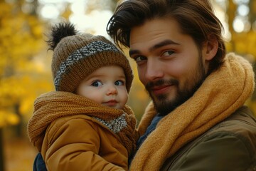 Obraz premium Vibrant Autumn Family Gathering: Colorful Portrait of a Young Family Embracing Closeness in a Golden-Hued Outdoor Scene