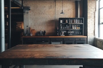 Elegant Industrial Loft Kitchen: Spacious Minimalist Studio with Vintage Decor and Dark Wooden Table