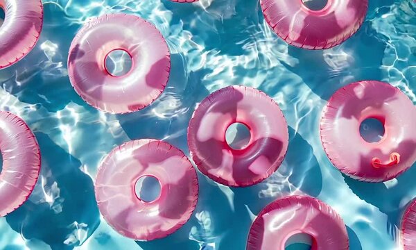 Floating pink pool tubes in water reflections video animation. Aerial view of inflatable swimming rings animated footage HD clip seamless motion graphics. Refreshing summer vibe concept