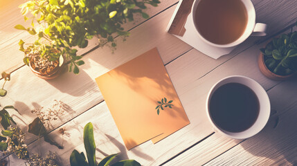 Warm flat lay of herbal tea, note card, and potted plants illuminated by golden sunlight