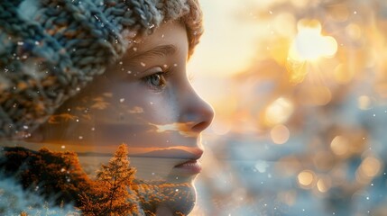 A young child looks out of a window, wearing a knitted hat