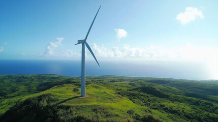 Aerial View of a Single Wind Turbine Standing Tall on a Lush Green Hill Overlooking a Calm Blue Ocean Under a Bright Sunny Sky
