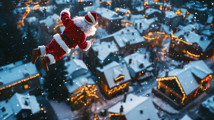 Santa flying over a snowy village on Christmas Eve with rooftops decorated with colorful Christmas lights.