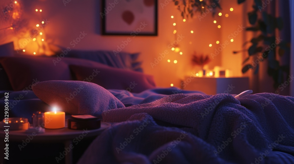 Poster soft bedding is surrounded by warm candlelight and fairy lights, creating a tranquil atmosphere perf