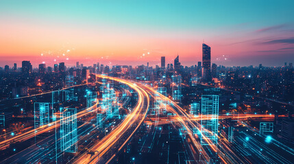 Obraz premium Futuristic city at dusk, with glowing skyscrapers and cutting-edge transportation systems crisscrossing the horizon. Horizon. Illustration