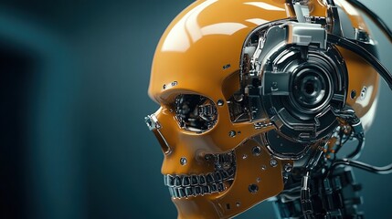 Fototapeta premium Robotic skull design features intricate details and vibrant orange color, showcasing advanced technology and creativity