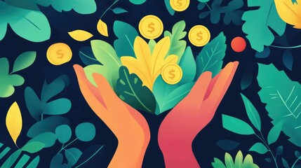 wealth accumulation through nature flat design top view growth theme cartoon drawing Triadic Color Scheme 